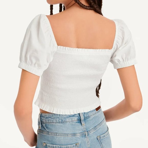 NWT DKNY White Smocked Puff Peasant Sleeve Top Cotton Large - Picture 3 of 11